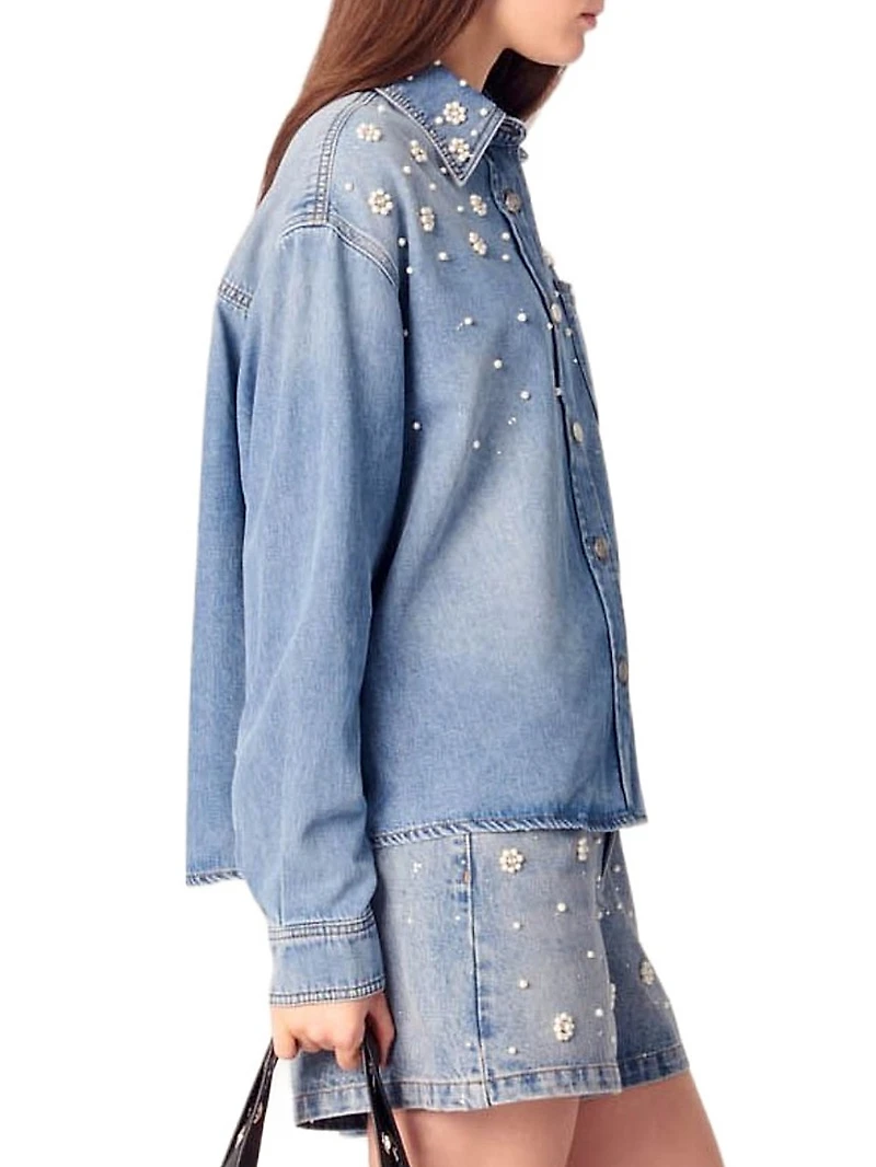 Denim Shirt Jacket with Embroidered Beads