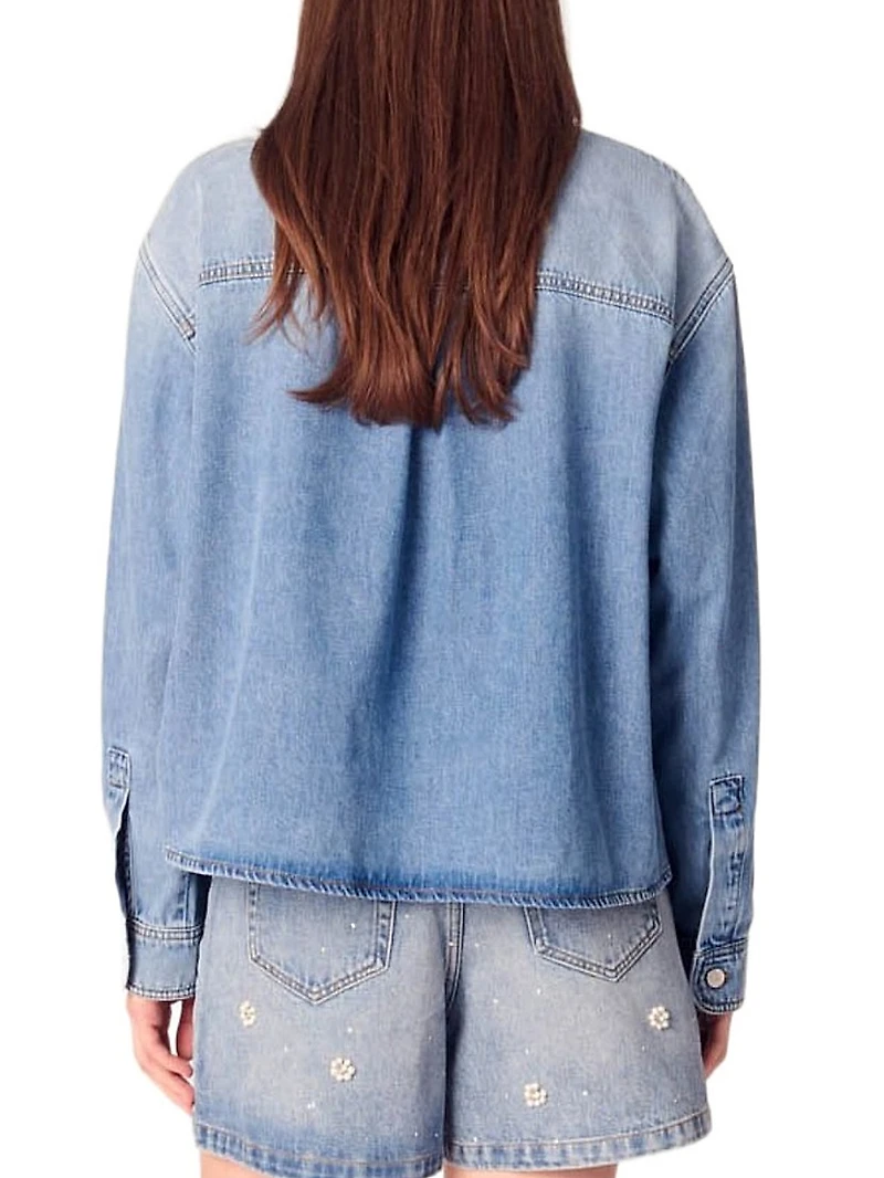 Denim Shirt Jacket with Embroidered Beads