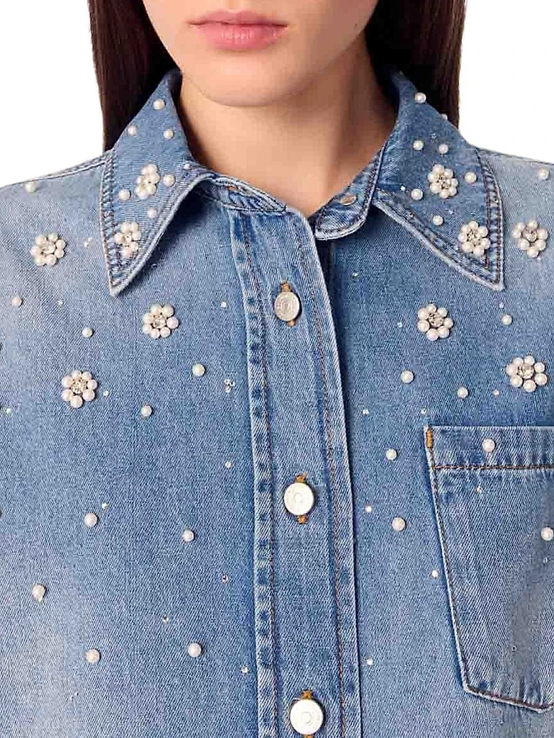 Denim Shirt Jacket with Embroidered Beads