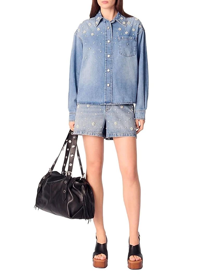 Denim Shirt Jacket with Embroidered Beads