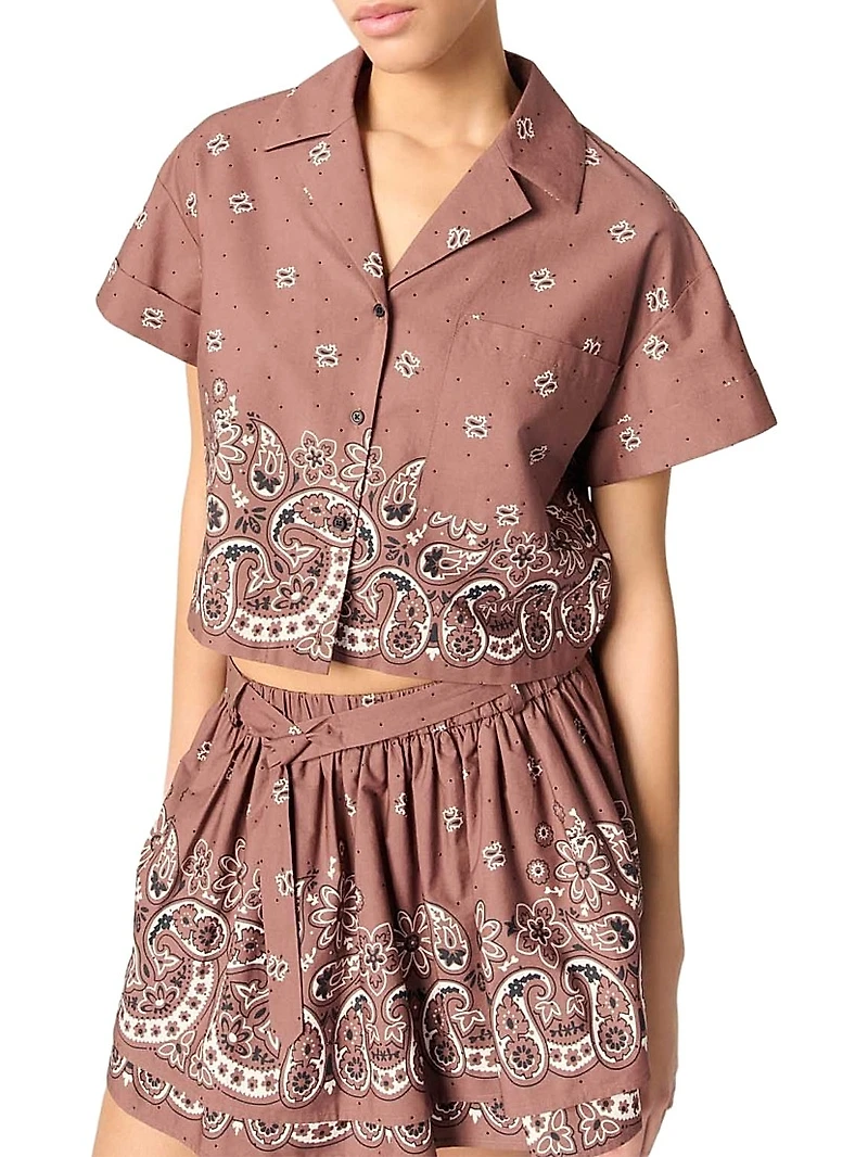 Patterned Rhinestone Cropped Shirt