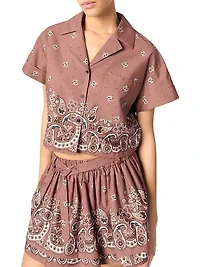 Patterned Rhinestone Cropped Shirt