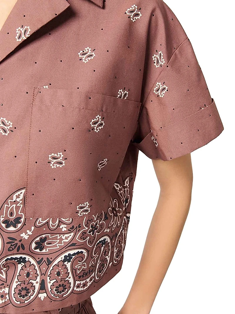 Patterned Rhinestone Cropped Shirt