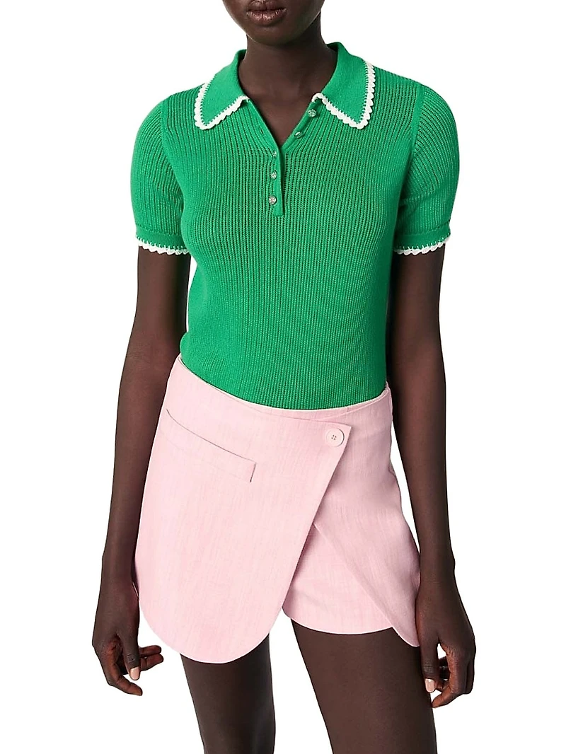 Pointelle Knit Crochet Polo Shirt