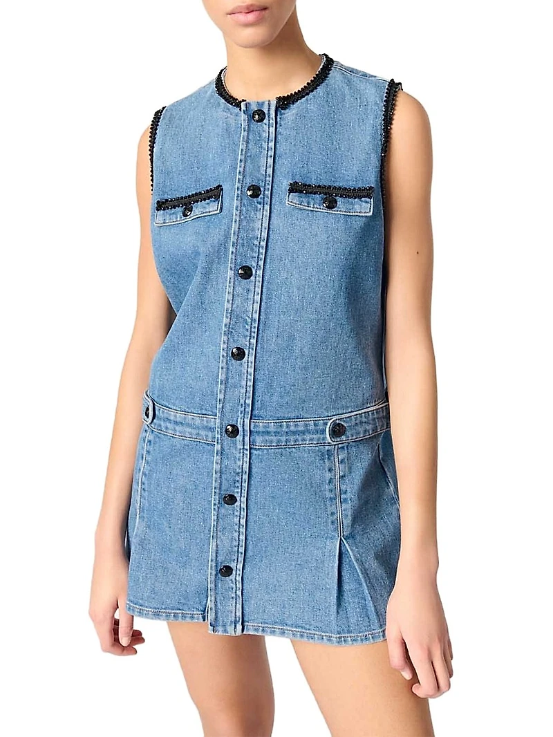 Denim Dress with Embroidered Trim