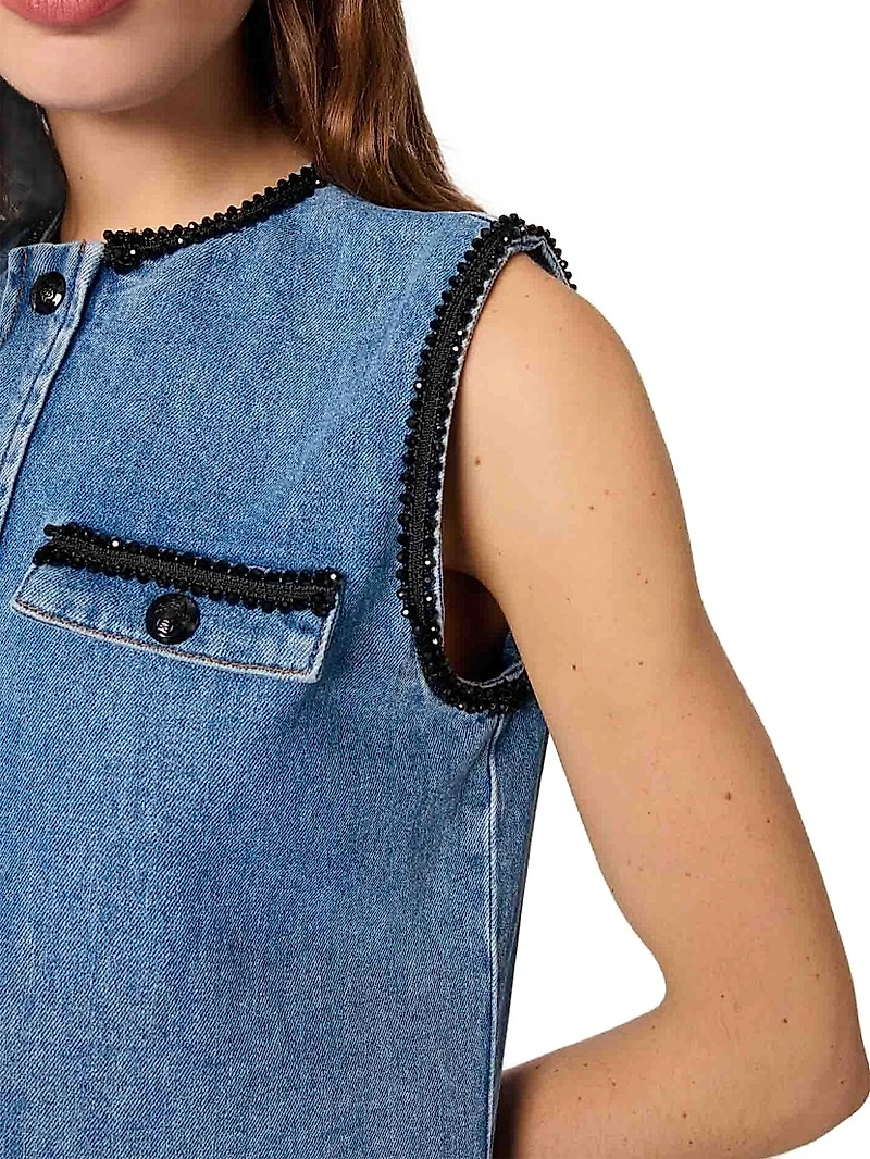 Denim Dress with Embroidered Trim