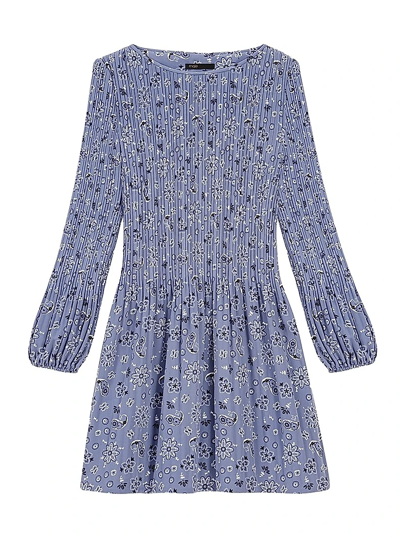 Patterned Pleated Mini Dress