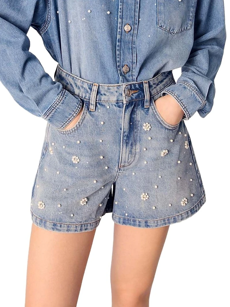Denim Shorts with Embroidered Beads