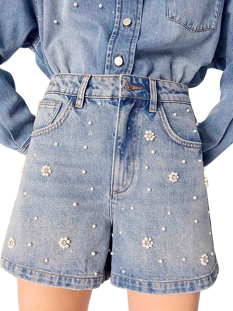 Denim Shorts with Embroidered Beads