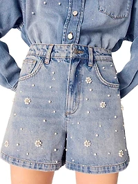 Denim Shorts with Embroidered Beads