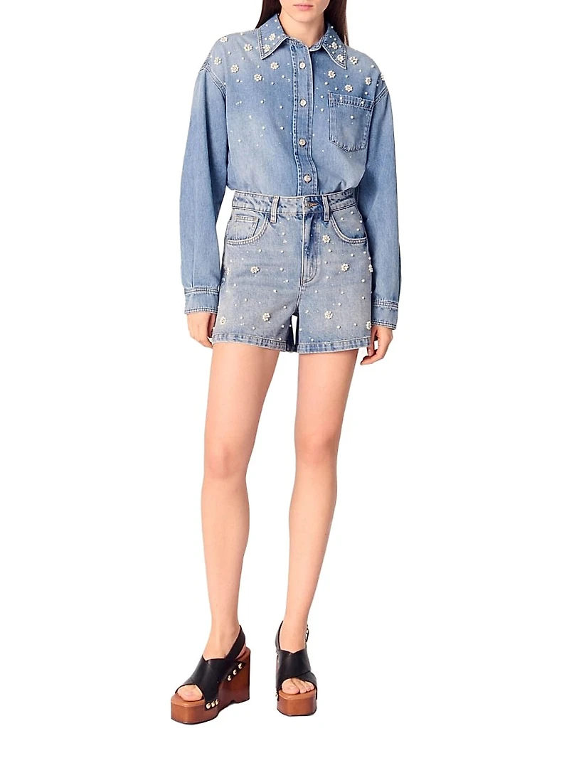 Denim Shorts with Embroidered Beads