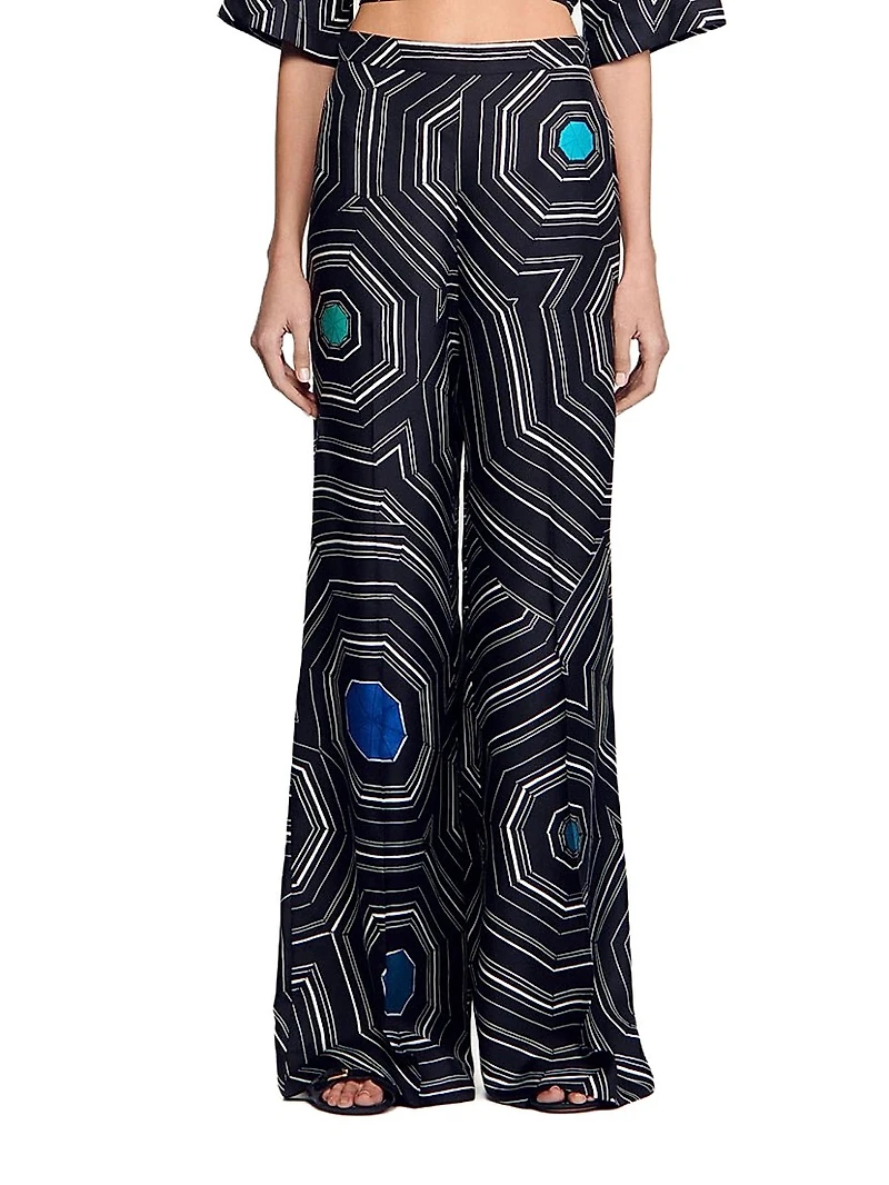 Spiral Print Silk Trousers