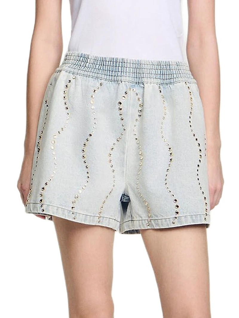 Beaded and Rhinestone Denim Shorts