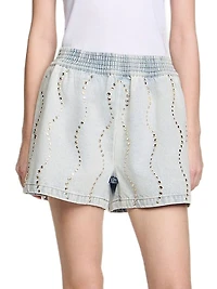 Beaded and Rhinestone Denim Shorts