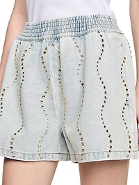 Beaded and Rhinestone Denim Shorts