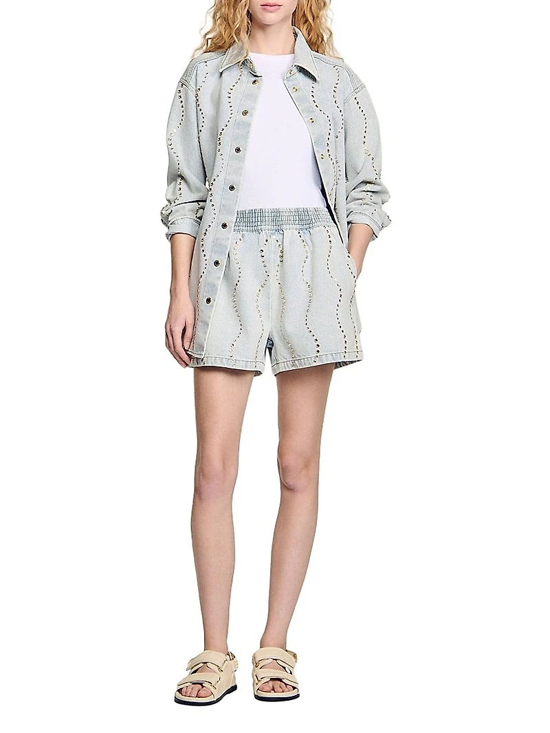 Beaded and Rhinestone Denim Shorts