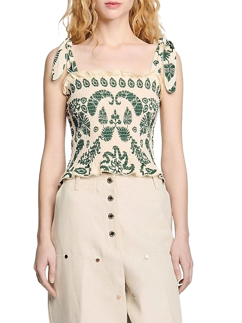 Floral Motif Smocked Top