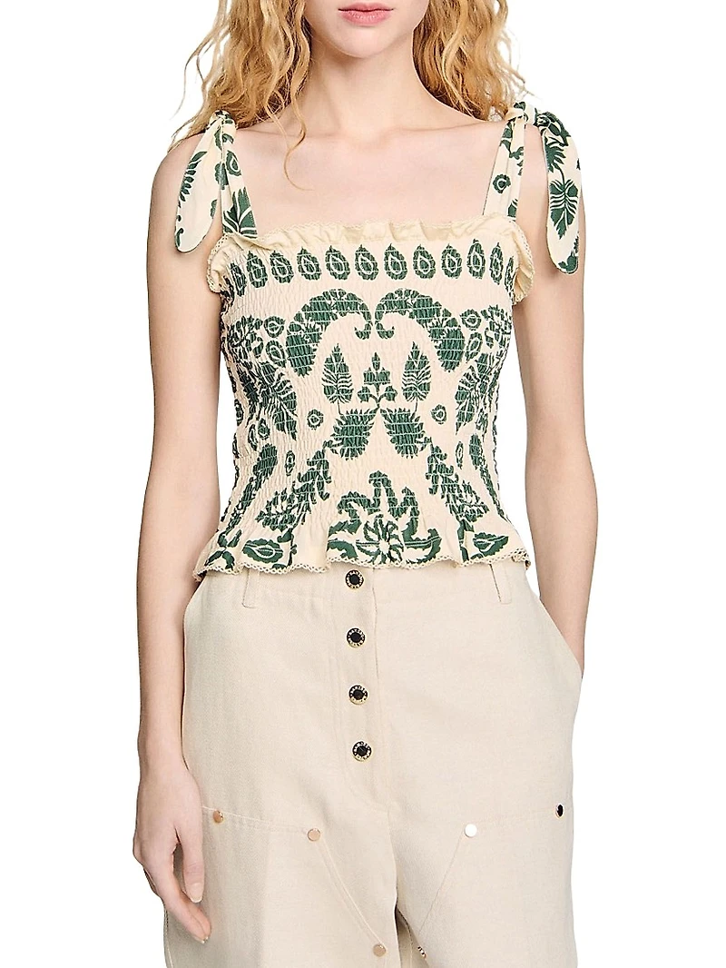 Floral Motif Smocked Top