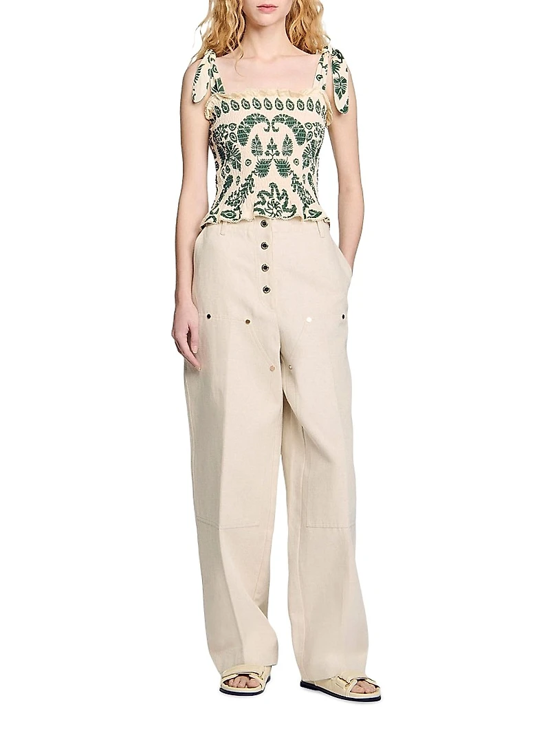 Floral Motif Smocked Top