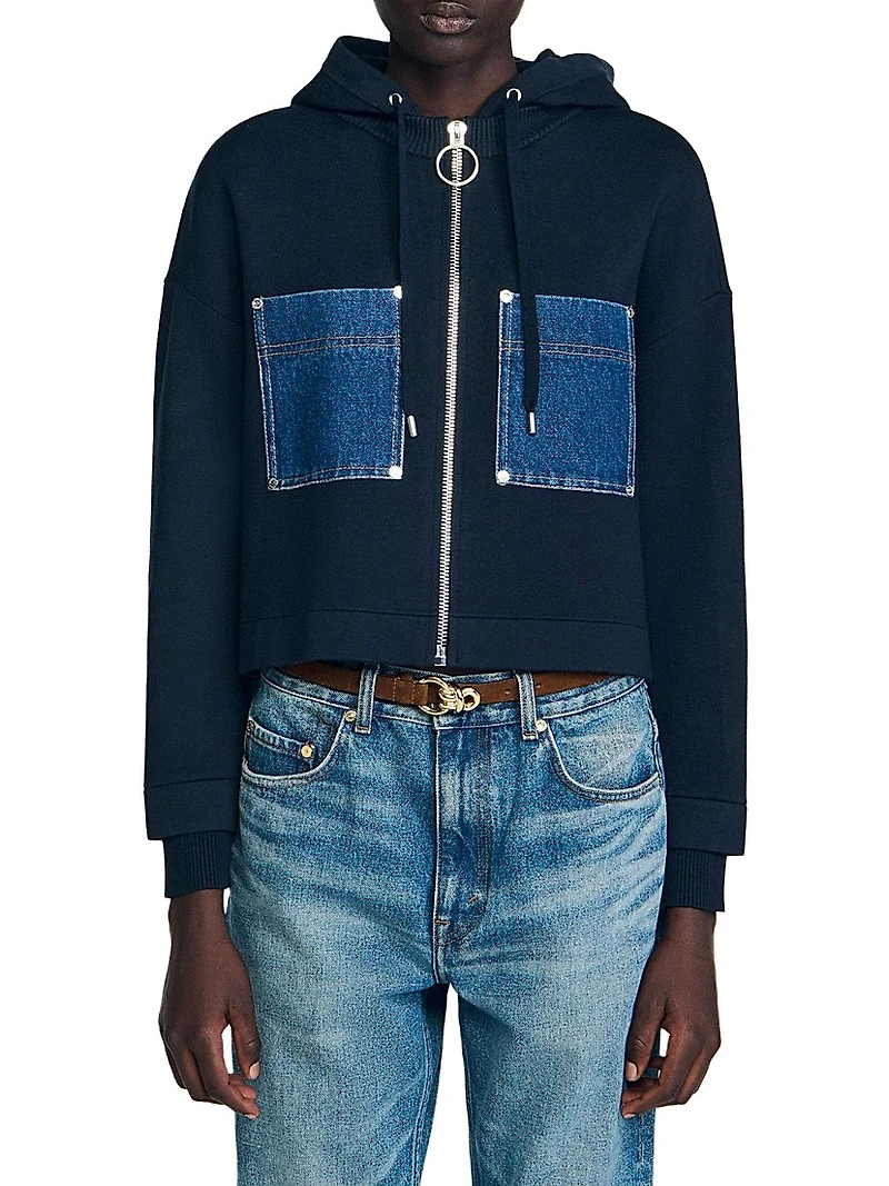 Knit and Denim Sweatshirt