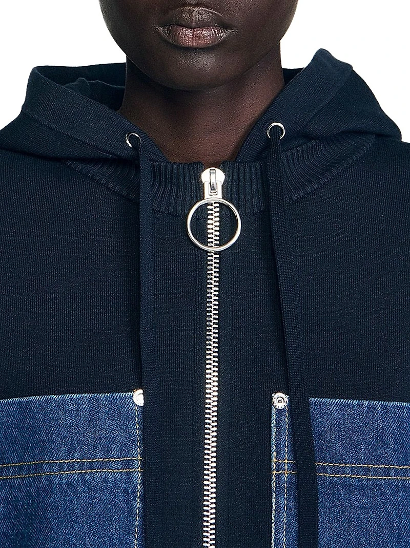 Knit and Denim Sweatshirt