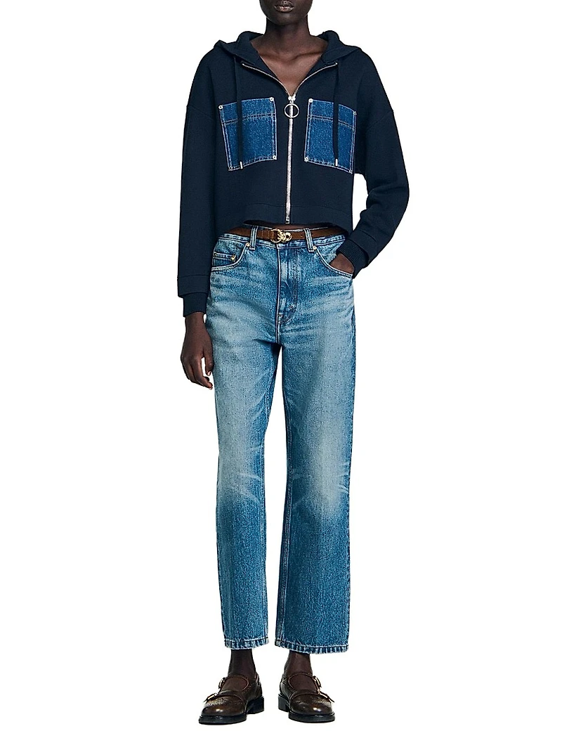 Knit and Denim Sweatshirt