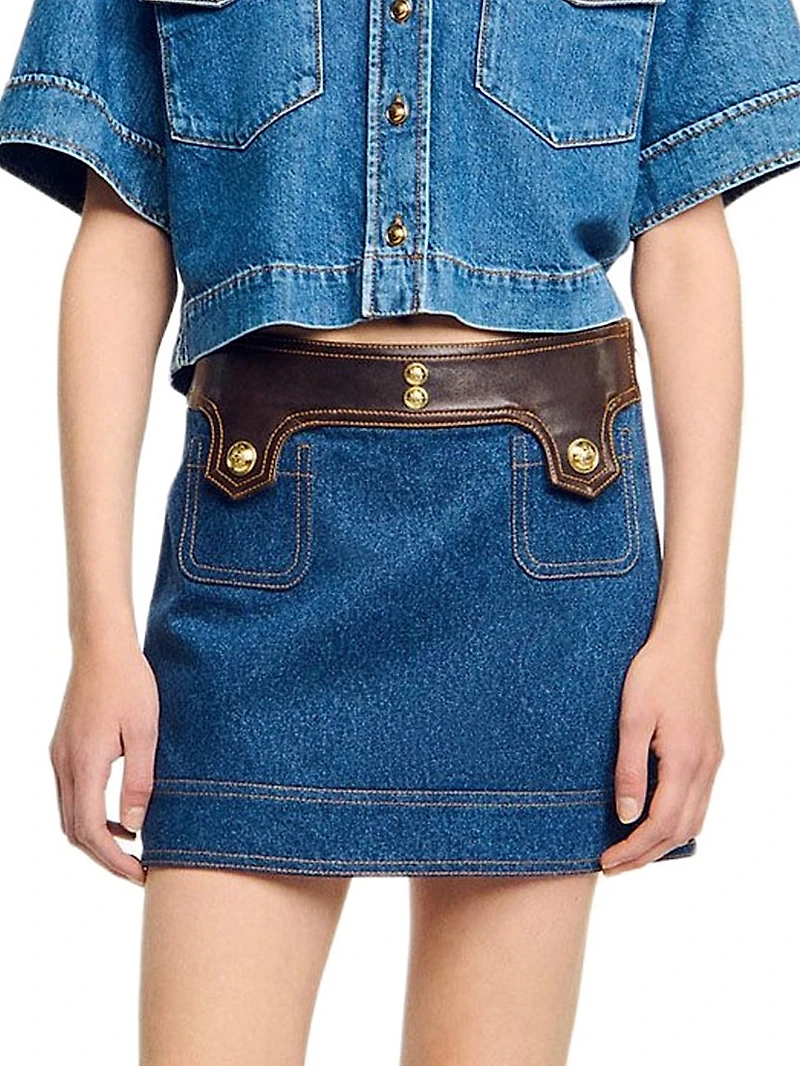 Short Denim and Leather Skirt