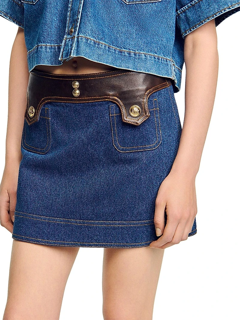 Short Denim and Leather Skirt