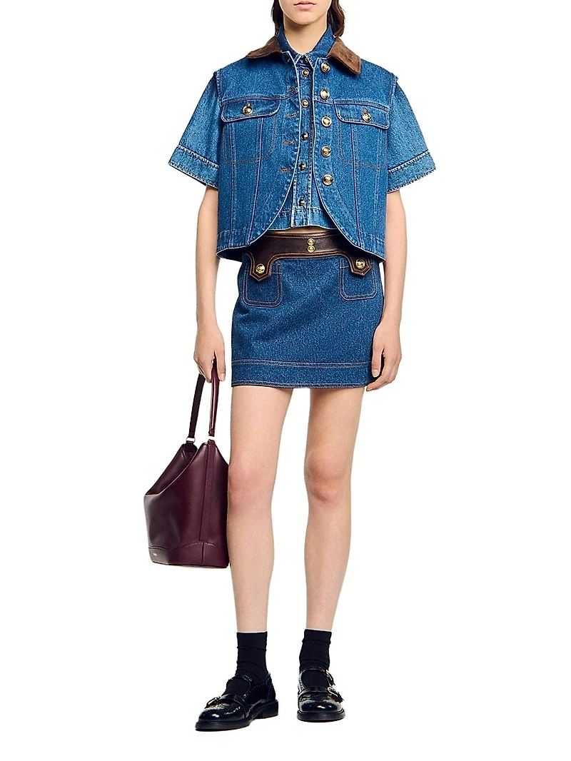 Short Denim and Leather Skirt