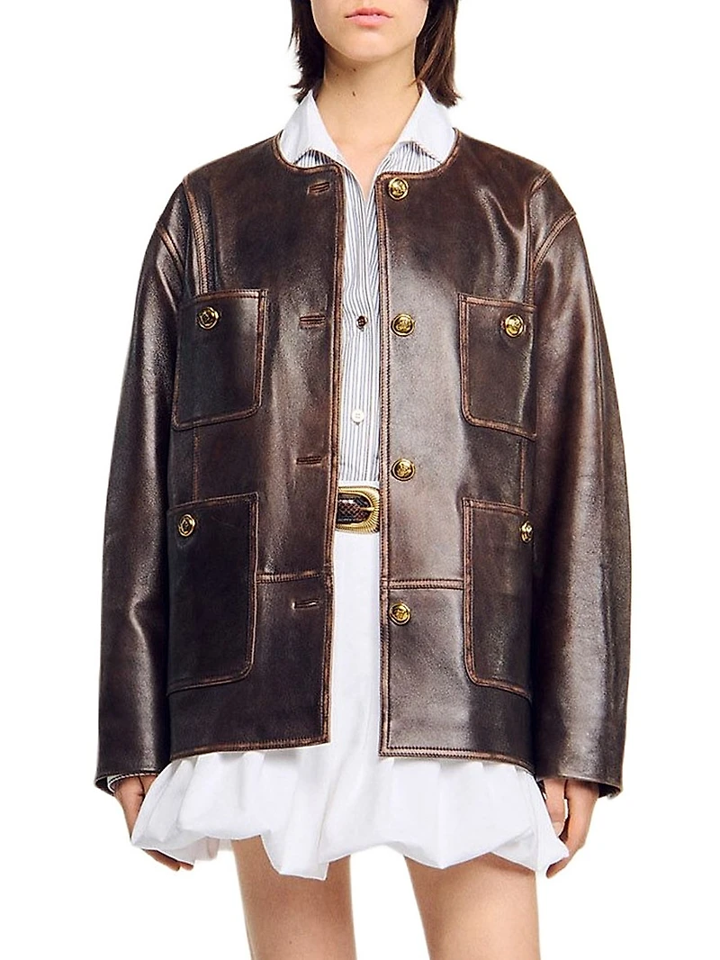 Long Distressed Leather Jacket