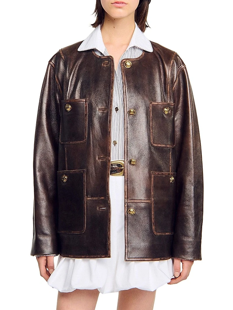 Long Distressed Leather Jacket
