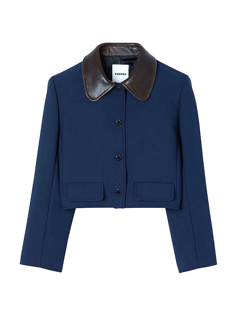 Cropped Jacket with Leather Collar