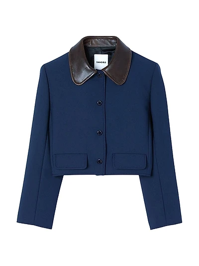 Cropped Jacket with Leather Collar