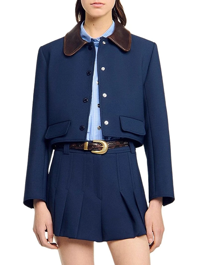 Cropped Jacket with Leather Collar