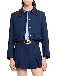 Cropped Jacket with Leather Collar