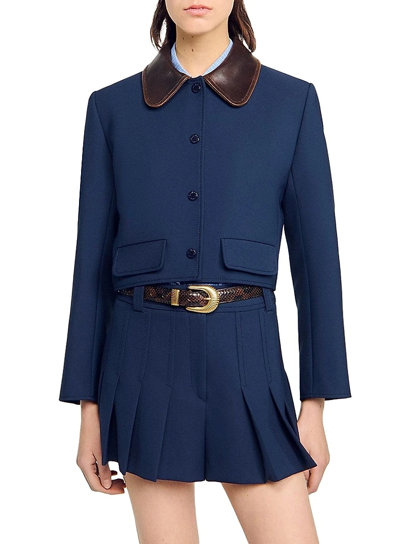 Cropped Jacket with Leather Collar
