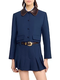 Cropped Jacket with Leather Collar