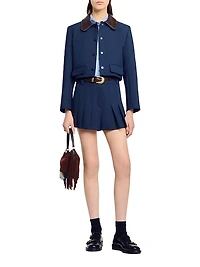 Cropped Jacket with Leather Collar