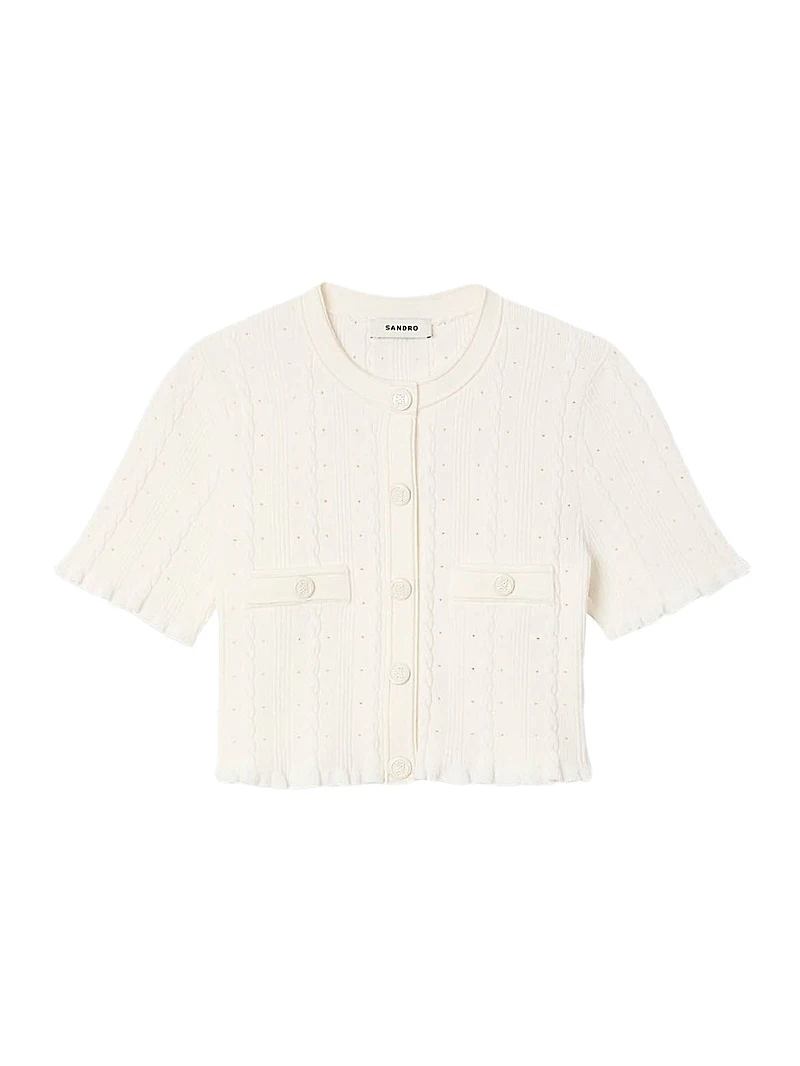 Cropped Pointelle Knit Cardigan