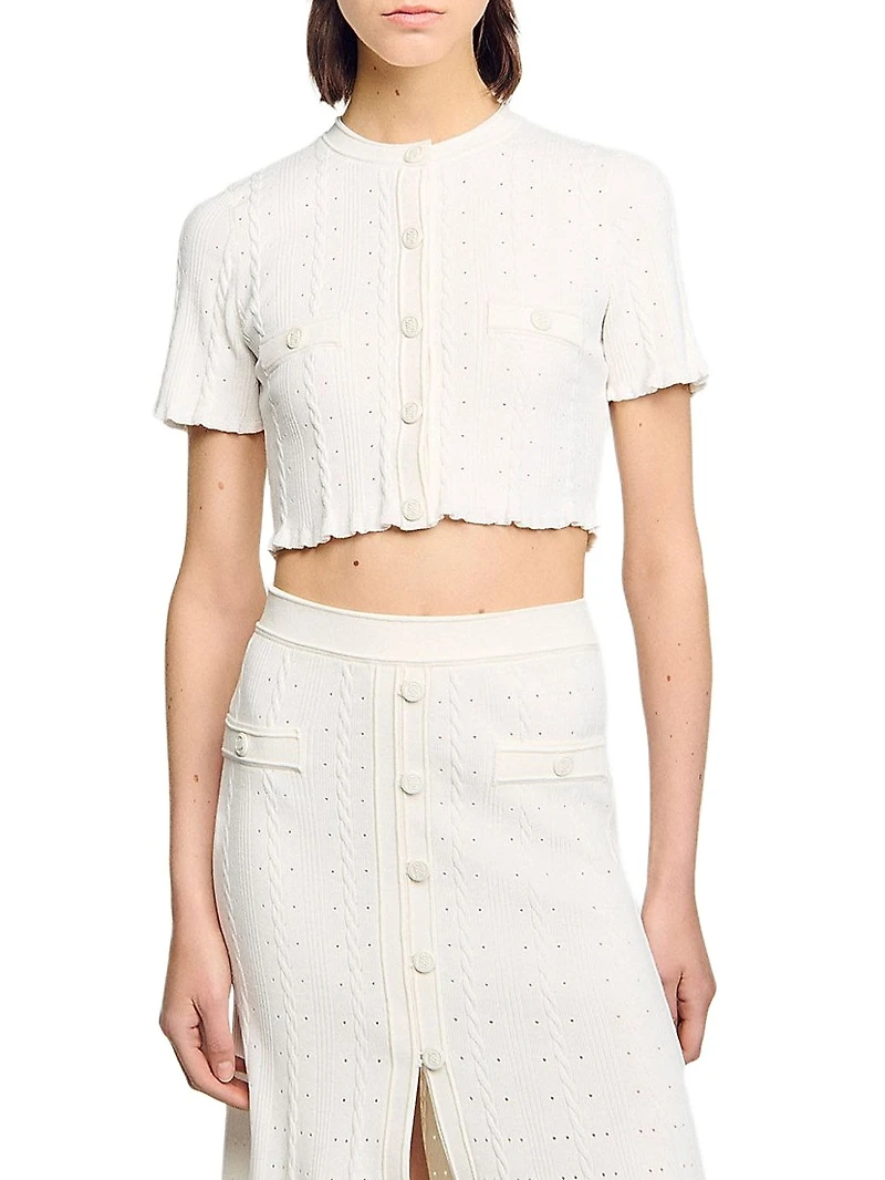 Cropped Pointelle Knit Cardigan