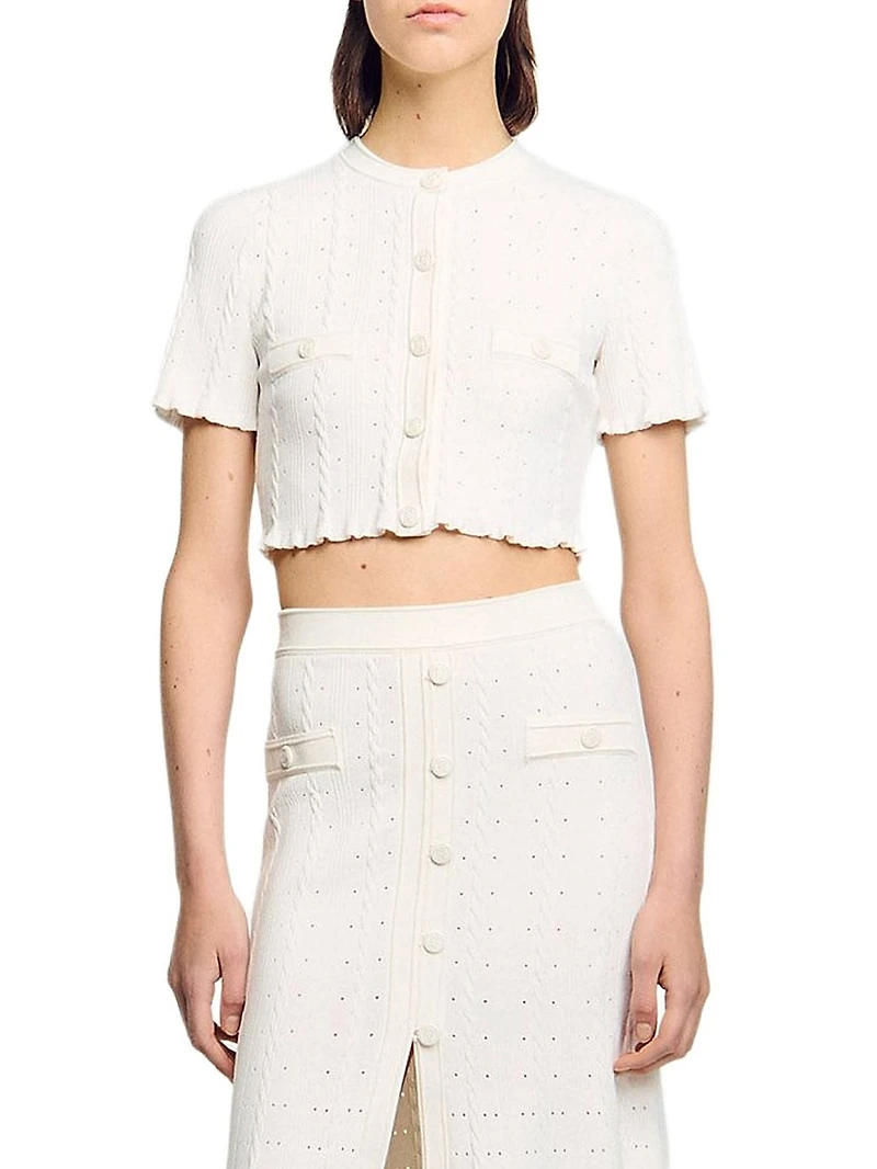 Cropped Pointelle Knit Cardigan