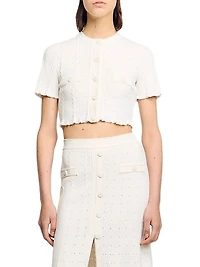 Cropped Pointelle Knit Cardigan