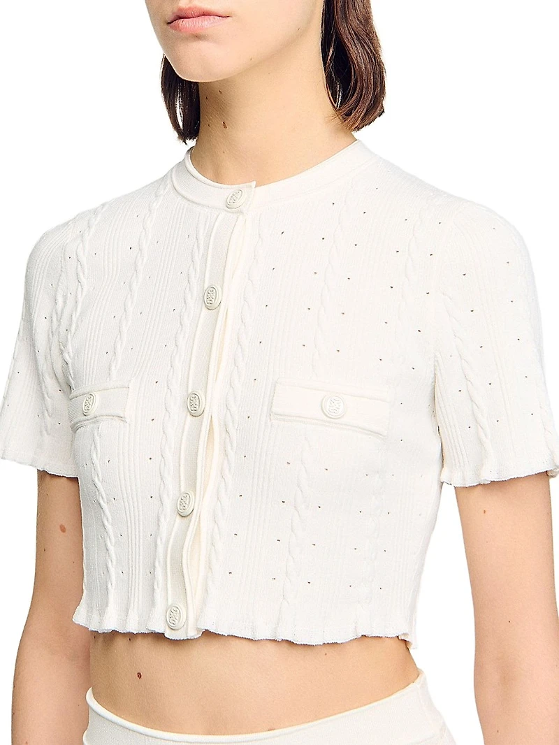 Cropped Pointelle Knit Cardigan