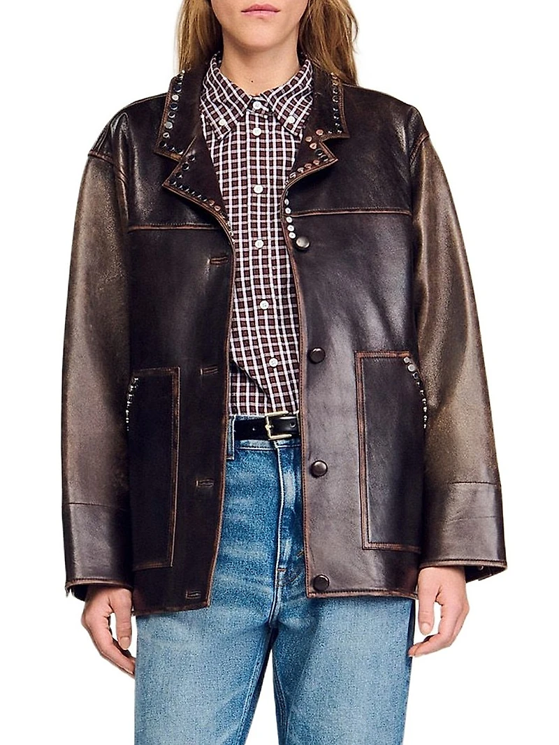 Oversized Leather Jacket with Studs