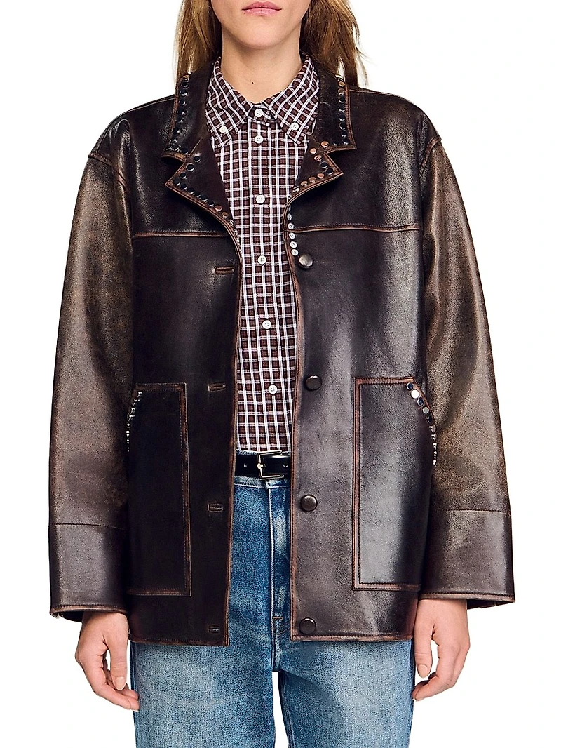 Oversized Leather Jacket with Studs
