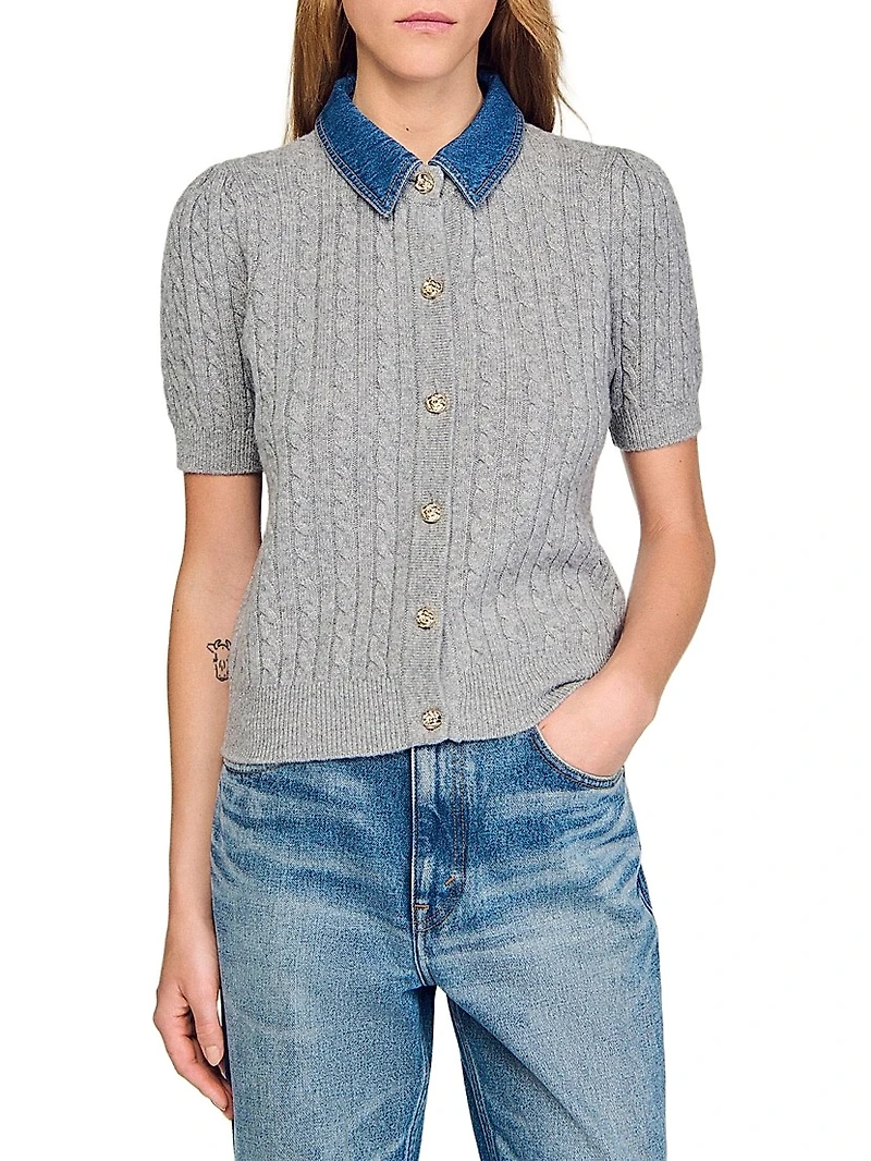 Cardigan with Denim Collar