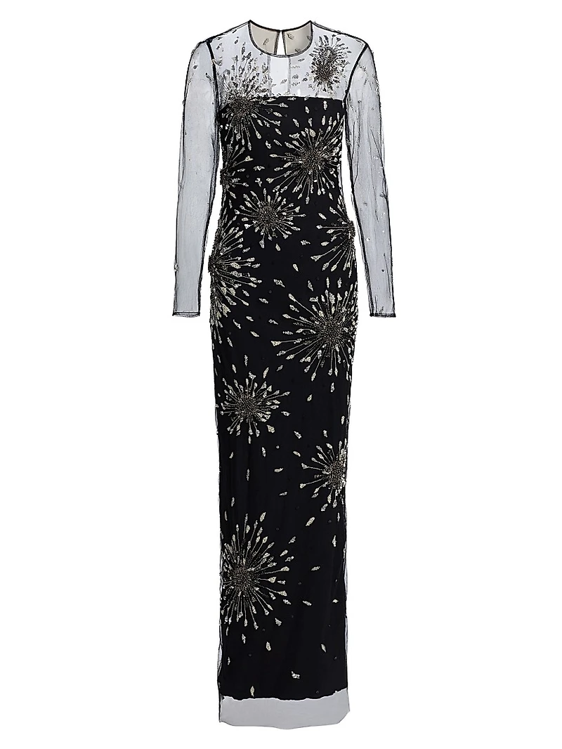 Tonya Embeliished Mesh-Sleeve Gown