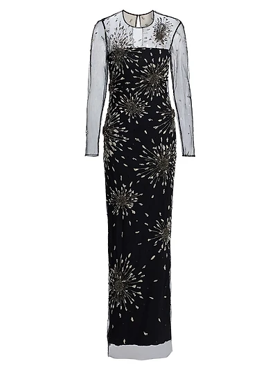 Tonya Embeliished Mesh-Sleeve Gown