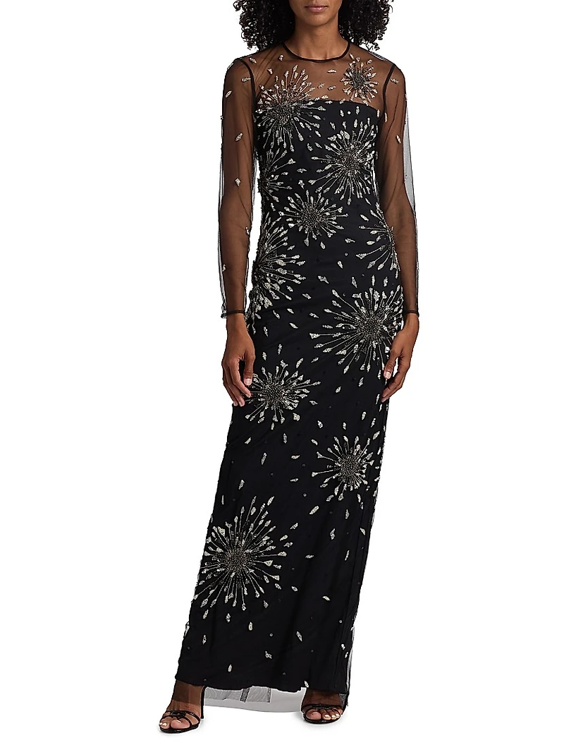 Tonya Embeliished Mesh-Sleeve Gown