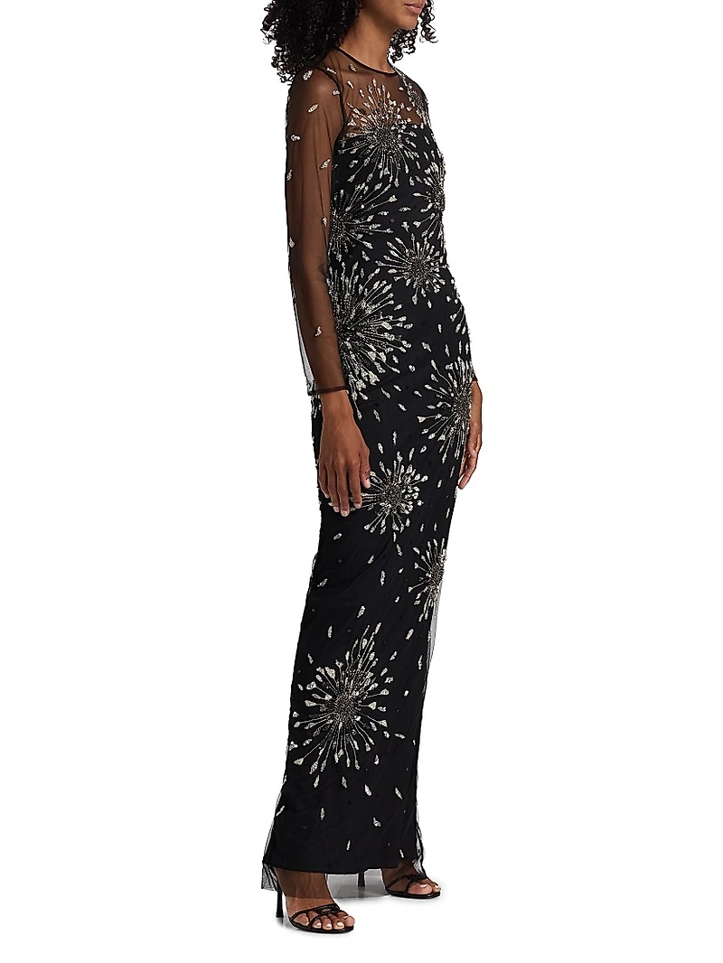 Tonya Embeliished Mesh-Sleeve Gown